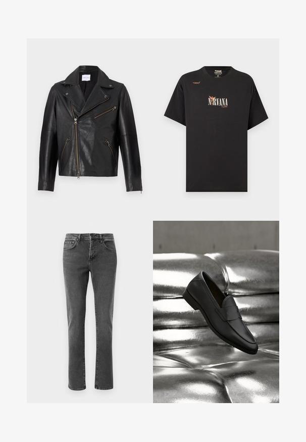 Zwarte leren motorjack met een gekartelde kraag, asymmetrische rits aan de voorkant en meerdere ritszakken. Gekorrelde oppervlakte en aansluitend ontwerp.; Zwart korte mouwen Nirvana T-shirt met de tekst "1993†" linksboven en een engelgrafiek geïntegreerd in de tekst "NIRVANA" op de borst.; Zwarte rechte denim jeans met voor- en achterzakken, ritssluiting en knoopsluiting op een gewone witte achtergrond.; Zwarte leren loafer die boven een glanzende zilveren leren bank met knopen zweeft in een neutrale omgeving.