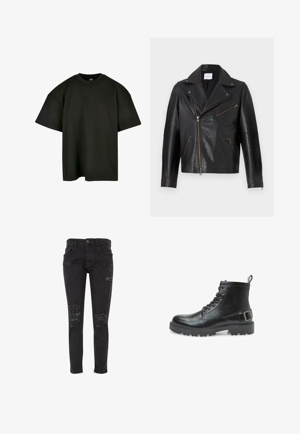 Sorte lædermotorcykeljakke med en skåren krave, asymmetrisk frontlynlås og flere lynlåslommer. Struktureret overflade og tætsiddende design.; Sort oversized t-shirt i blød bomuld. Har en rund crew neckline og korte ærmer, med en glat tekstur og minimalistisk design.; 2Y Premium DESTROYED - Jeans Slim Fit - black; Sort læder kampsko med snørebånd, metaløjer, robust sål, trækstrop ved hælen og en dekorativ spænde rem på siden.