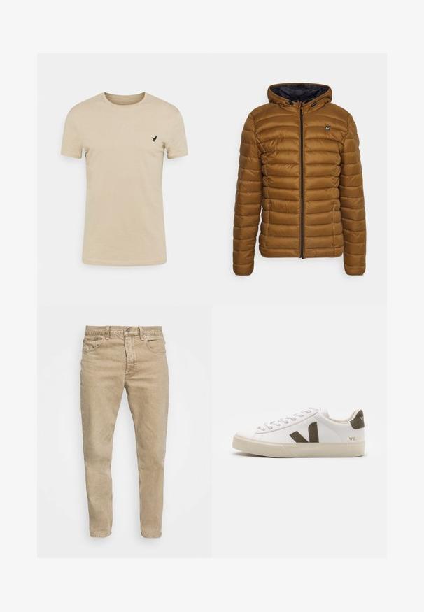 Braune gepolsterte Jacke mit Kapuze, ausgestattet mit einem Frontreißverschluss und gestepptem Design. Innenfutter ist schwarz, mit einem kleinen Markenlogo auf der Brust.; Beige Kurzarm-T-Shirt aus weichem Stoff, mit rundem Ausschnitt und einem kleinen schwarzen Vogel-Logo auf der linken Brustseite.; Beige Jeans aus Denim mit klassischem Schnitt, Fünf-Taschen-Design und dezentem Verblassen. Mit metallischem Knopf und Reißverschluss.; Weiße Leder-Sneaker mit einer hellbeigen Gummisohle. Mit braunem Wildleder-V-Logo und Fersenlasche. Schnürverschluss mit texturierter Oberfläche.