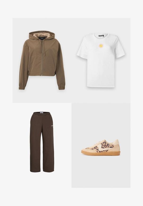 Bruine cropped hoodie met een rits aan de voorkant, een capuchon met trekkoord, elastische manchetten en een kangoeroezak. Glad stof met een matte afwerking.; Witte katoenen t-shirt met korte mouwen, voorzien van een klein, geborduurd geel en roze zonnetje op de borst.; Bruine sweatpants met wijde pijpen, elastische tailleband en een klein wit tekstlogo op het bovenbeen, tegen een witte achtergrond.; Luipaardprint sneakers met een beige suède bovenkant, tan rubberen zool en witte accenten. Ronde neus en vetersluiting met een gestructureerde afwerking.