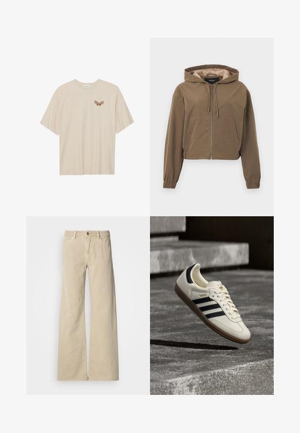 Sweatshirt court marron avec une fermeture éclair sur le devant, capuche à cordon de serrage, poignets élastiques et une poche kangourou. Tissu lisse avec une finition mate.; T-shirt en coton beige à manches courtes, avec un petit graphique marron d'ailes et le texte "SLEEPY CLUB" sur la poitrine.; Pantalon beige taille haute à jambes larges avec bouton à l'avant, fermeture éclair, passants pour ceinture et cinq poches.; Baskets blanches Adidas Samba avec des bandes noires et une semelle en gomme, flottant au-dessus de marches en béton gris texturé.