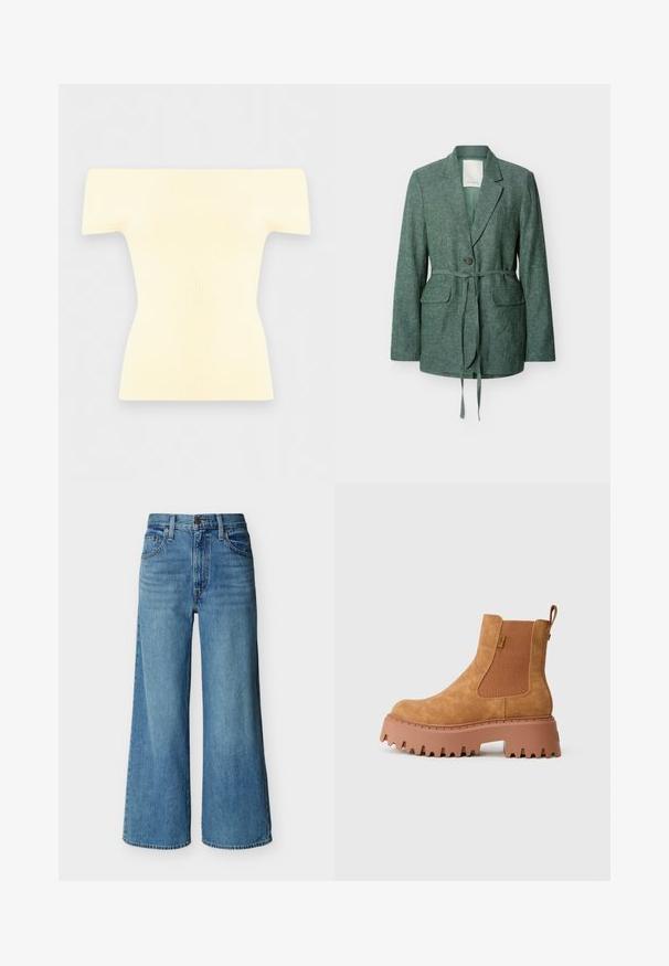 Blazer en lin vert à manches longues, fermeture à un bouton, ceinture à la taille, revers crantés et deux poches à rabat à l'avant.; Haut court crème en tricot côtelé à épaules dénudées et à manches courtes avec une silhouette cintrée à la taille sur un fond gris clair.; Jean bleu taille haute à jambes larges avec bouton et fermeture éclair à l'avant, passants de ceinture et style cinq poches sur fond blanc.; Bottine Chelsea en suède tan avec semelle épaisse et robuste, panneaux latéraux élastiques, languette à l'arrière et étiquette de marque sur la cheville extérieure.