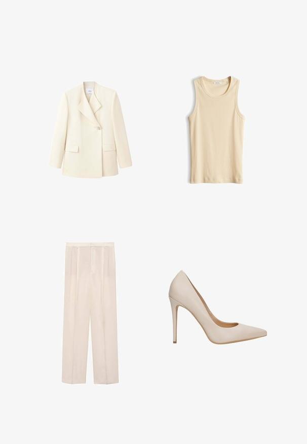 Crèmekleurige damesblazer met brede revers, eenknopsluiting en voorflapzakken, weergegeven op een witte achtergrond.; Beige geribbeld mouwloos tanktopje met ronde hals, plat gelegd op een witte achtergrond.; Beige wijde broek met plooien en een zachte textuur. Heeft een op maat gemaakte tailleband en twee zijzakken.; Beige leren pumps met hoge hak, een spitse neus, een gladde textuur en een slanke stilettohak. Minimalistisch ontwerp zonder extra versieringen.