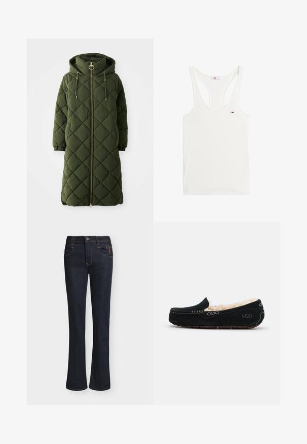 Langer, olivgrüner, gesteppten Mantel mit Kapuze, Frontreißverschluss, goldenen Hardware-Akzenten, Kordelzügen und elastischen Bündchen. Struktur im Diamantmuster.; Weißes, geripptes Tanktop mit einem breiten Racerback-Design, das auf der linken Brust ein kleines Logo in Rot, Weiß und Blau zeigt.; Dunkelblaue Jeans aus Denim mit leicht ausgestellten Hosenbeinen, Vorderknopf- und Reißverschluss, Vorderentaschen und sichtbaren Nahtdetails.; UGG ANSLEY - Mokassin - black