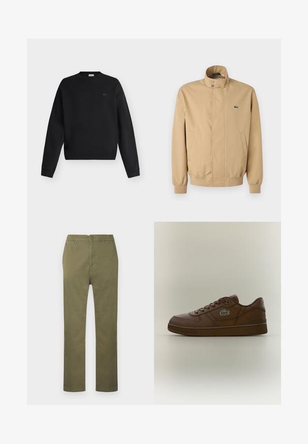 Veste beige à col haut, boutons-pression, poches latérales et poignets côtelés. Présente un logo Lacoste vert sur la poitrine. Texture lisse.; Sweat-shirt noir à manches longues avec col rond, poignets et ourlet côtelés, arborant un petit logo discret sur la poitrine gauche.; Pantalon en coton léger de couleur vert olive avec une taille élastiquée, une fermeture à boutons, et une coupe droite. Pas de motifs ou accents visibles.; Baskets basses en cuir marron avec un design à lacets et un logo crocodile vert sur le côté, présentées sur un fond neutre uni.