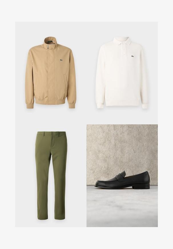 Beige jas met een hoge kraag, drukknoopsluiting, zijzakken en geribbelde manchetten. Heeft een groen Lacoste-logo op de borst. Glad van structuur.; Lange mouwen polo shirt in lichtroomcreme met een textuurgebreide stof, voorzien van een drie-knoopsluiting en een groene geborduurde logo op de borst.; Olijfgroene broek van gladde stof met een rechte snit, voorzien van een knoopsluiting en riemlussen. Geen zichtbare patronen of accenten.; Zwarte leren loafer zweeft boven een beige tapijt met op de achtergrond een glanzende, ronde, bruine tafel.