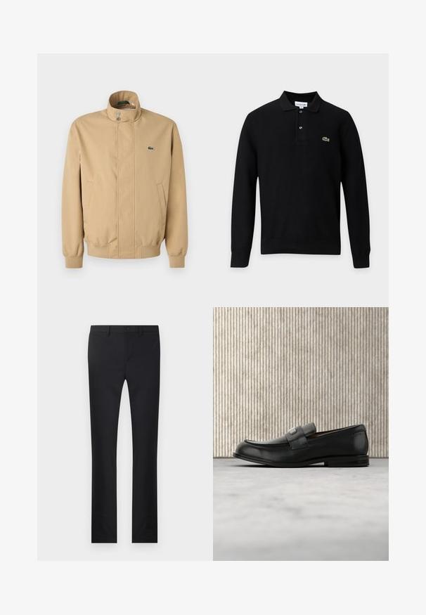 Chaqueta beige con cuello alto, botones a presión, bolsillos laterales y puños acanalados. Presenta un logo verde de Lacoste en el pecho. Textura suave.; Polo negro de manga larga con dos botones y un pequeño logo verde de cocodrilo en el pecho izquierdo.; Pantalones negros con diseño de pierna recta, confeccionados en una tela suave. Presenta bolsillos frontales, cierre de botón y trabillas para cinturón.; Mocasín de cuero negro con una placa metálica de marca apoyado cerca de una mesa redonda marrón sobre un suelo alfombrado beige.