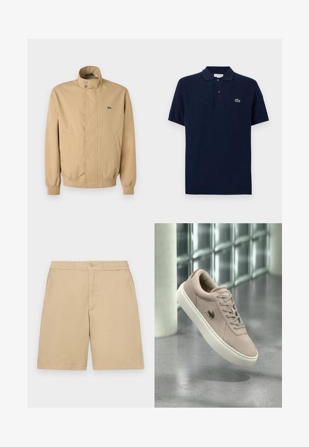 Veste beige à col haut, boutons-pression, poches latérales et poignets côtelés. Présente un logo Lacoste vert sur la poitrine. Texture lisse.; Polo à manches courtes bleu marine avec un col à deux boutons et un petit logo crocodile vert sur le côté gauche de la poitrine.; Shorts en coton beige avec une coupe régulière, taille élastique, fermetures à boutons et poches latérales. Texture lisse, design à mi-cuisses.; Baskets en daim beige clair avec semelle blanche, design à lacets et logo oiseau noir sur le côté, présentées devant un fond moderne en blocs de verre.