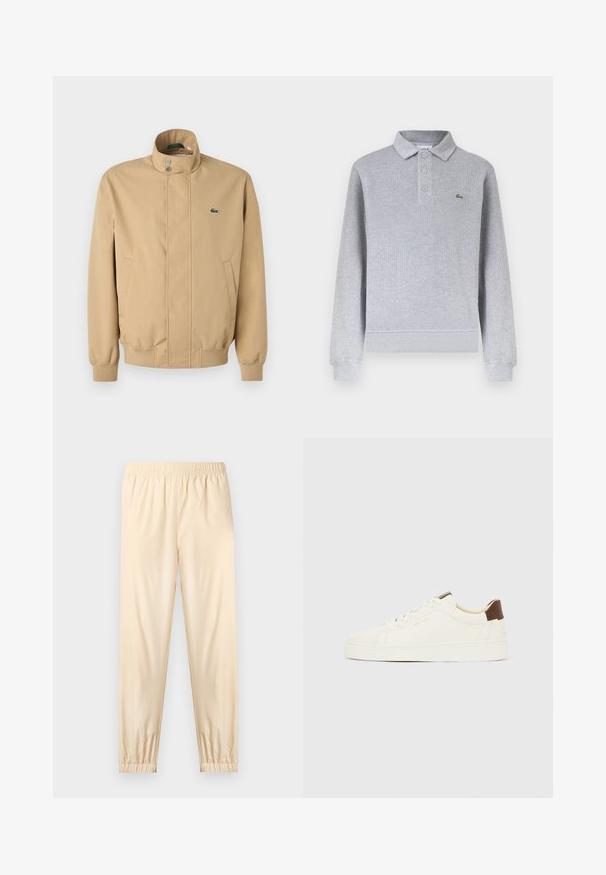 Veste beige à col haut, boutons-pression, poches latérales et poignets côtelés. Présente un logo Lacoste vert sur la poitrine. Texture lisse.; Polo à manches longues gris clair avec poignets côtelés, trois boutons au col et un petit logo crocodile vert sur la poitrine gauche.; Pantalon beige clair à taille élastique avec poignets froncés, coupe droite et tissu lisse, présenté sur un fond clair uni.; Baskets blanches basses avec lacets crème, une languette de talon marron et le logo "GANT" doré sur le côté, présentées de profil sur un fond uni.