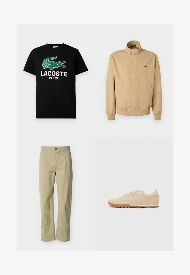 Beige jakke med høj krave, trykknapper, sidelommer og ribbet manchetter. Har en grøn Lacoste-logo på brystet. Glat tekstur.; Sort bomulds T-shirt med et grønt krokodillelogo og teksten "LACOSTE PARIS" i hvid. Korte ærmer og klassisk rund halsudskæring.; Beige bukser med lige ben, knaplukning, bæltestropper og forreste plisseringer på en ensartet lys baggrund.; Beige ruskinds sneakers med et strømlinet design, der har et struktureret overdel, rund tå og en gummisål med et zigzag-mønster.