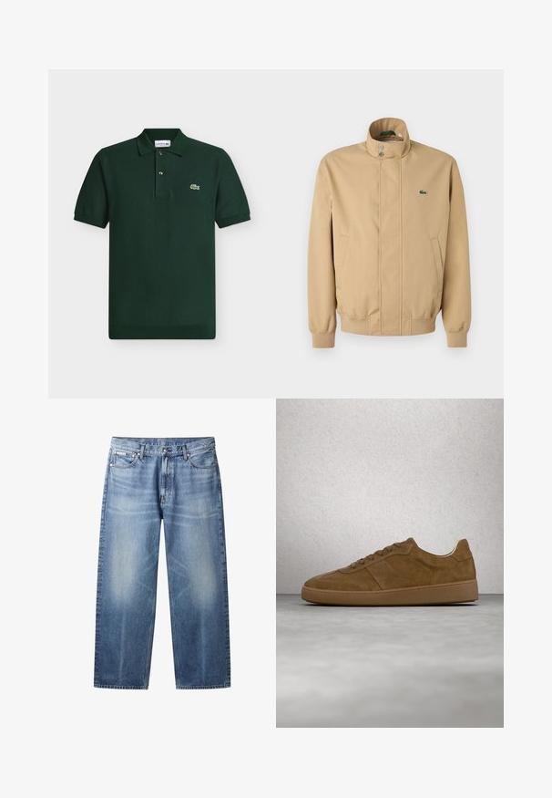 Veste beige à col haut, boutons-pression, poches latérales et poignets côtelés. Présente un logo Lacoste vert sur la poitrine. Texture lisse.; Polo Lacoste manches courtes vert foncé avec col, deux boutons et petit logo crocodile brodé sur la poitrine gauche.; Jean bleu clair à coupe droite avec zones délavées, cinq poches, fermeture par bouton et étiquette Calvin Klein sur la poche avant droite.; Baskets en daim marron avec des lacets couleur fauve et une semelle en caoutchouc. Présente un bout arrondi et des détails cousus sur la tige. Design léger.