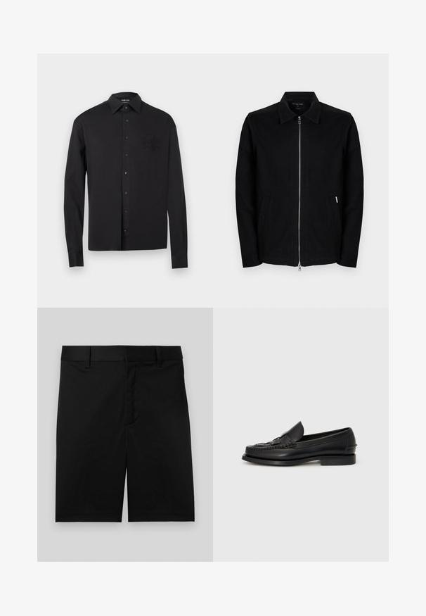 Veste zippée noire pour homme avec col et poches latérales, présentée sur un fond uni clair.; Chemise noire à manches longues avec boutons, col pointu et blason brodé subtil sur le côté gauche de la poitrine, présentée sur un fond blanc.; Shorts noirs sur mesure jusqu'au genou avec passants pour ceinture et devant plat, présentés sur un fond gris neutre.; Mocassin en cuir noir avec un détail tissé à l'avant, bout arrondi et petit talon. Texture lisse et design minimaliste.