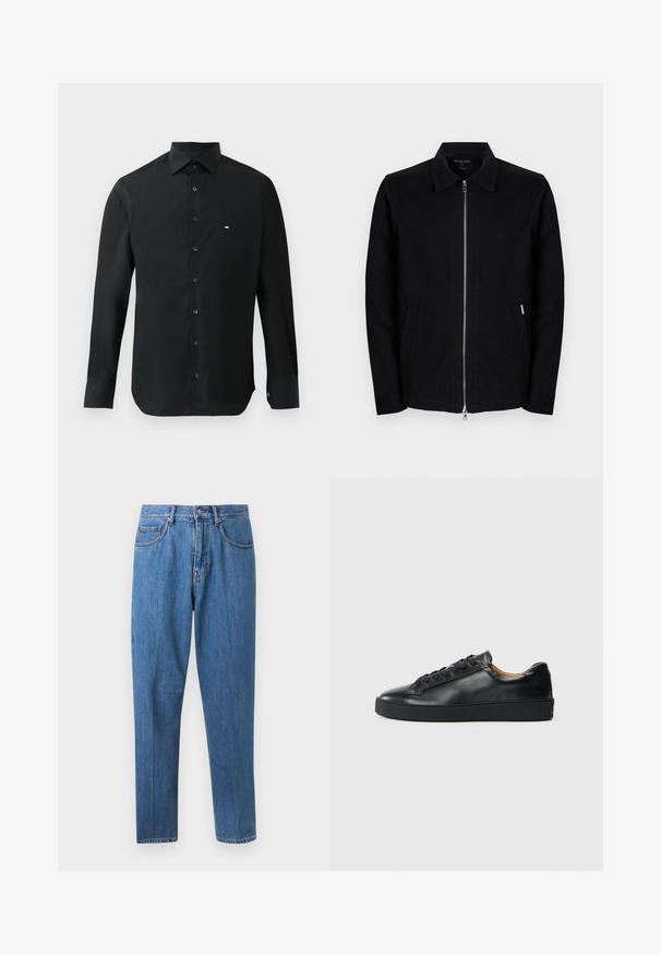 Schwarze Herrenjacke mit Reißverschluss, Kragen und seitlichen Taschen, vor einem einfachen hellen Hintergrund präsentiert.; Schwarzes langärmliges Hemd aus glattem Stoff mit spitzem Kragen, Knopfleiste und kleinem weißen Logo auf der linken Brust.; Blaue Jeans mit geradem Bein, Knopf- und Reißverschluss, vorderen Taschen und Gürtelschlaufen, vor weißem Hintergrund gezeigt.; Schwarze Leder-Sneaker mit glatter Textur, runder Zehenpartie und Schnürverschluss. Verfügt über eine dicke Gummisohle und minimalistische Marken-Details.