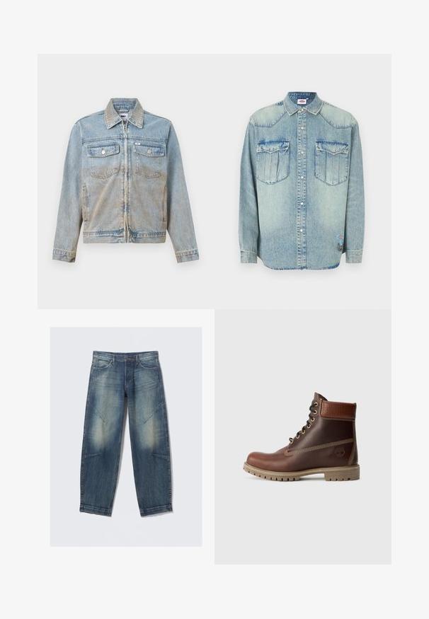 Hellblaue Jeansjacke mit Reißverschluss, spitzem Kragen, zwei Brusttaschen vorne und silberfarbenen Knöpfen; leicht verwaschene Textur.; Hellblaues Jeanshemd mit langen Ärmeln, Druckknopfverschluss, spitzem Kragen, zwei Brusttaschen und Markenpatch auf der unteren Seite.; Hellblaue Jeans aus Denim mit lockerem Schnitt, verwaschenen Stellen, Fronttaschen und diagonalen Nahtakzenten. Gerader Beinverlauf.; Braune Leder-Schnürstiefelette mit gepolsterter Knöchelpartie, kontrastierenden Nähten und robustem Sohlendesign, von der Außenseite auf einem weißen Hintergrund gezeigt.