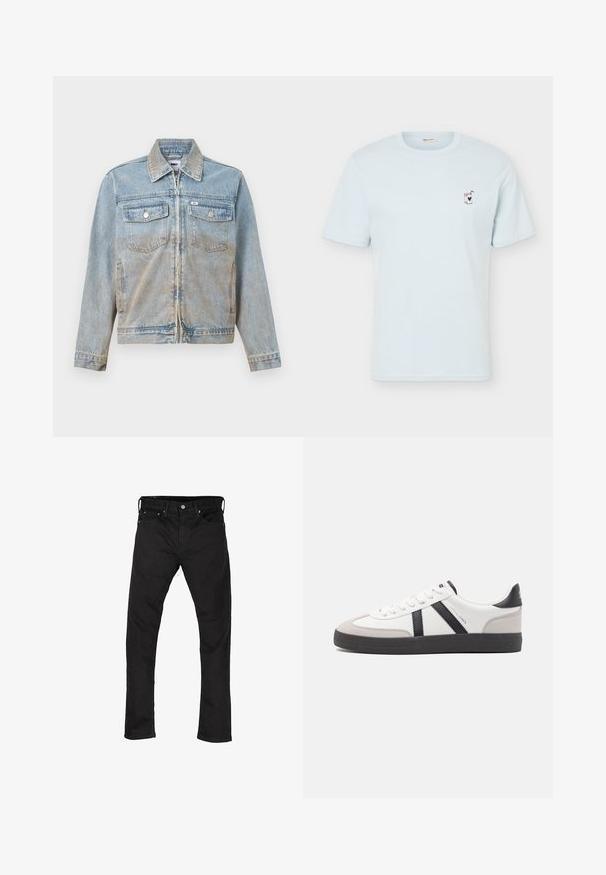 Lys blå denimjakke med lynlås, spids krave, to brystlommer foran og sølvfarvede knapper; let falmet tekstur.; Lyseblå T-shirt med korte ærmer med lille broderet juiceboks og hjerte på venstre bryst, rund halsudskæring, ensfarvet design.; Sorte slim-fit jeans med fem lommer og knaplukning, præsenteret fladt på en hvid baggrund.; Hvide sneakers med sorte og grå detaljer, med en tekstureret grå tåhætte, sort gummisål og flade hvide snørebånd. Rent design, minimalistisk stil.