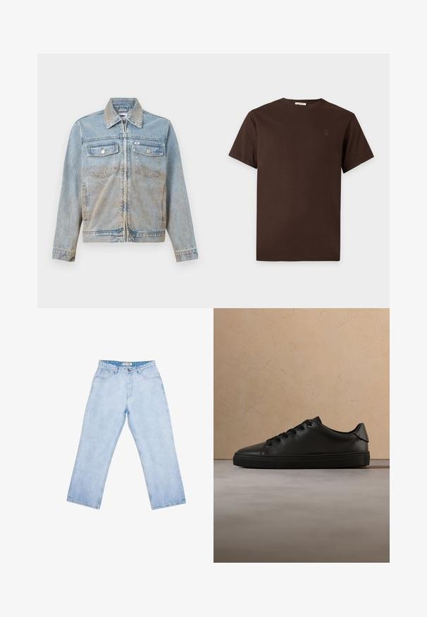 Hellblaue Jeansjacke mit Reißverschluss, spitzem Kragen, zwei Brusttaschen vorne und silberfarbenen Knöpfen; leicht verwaschene Textur.; Braunes kurzärmeliges Baumwoll-T-Shirt mit Rundhalsausschnitt und dezent besticktem Logo auf der linken Brust, präsentiert auf weißem Hintergrund.; Hellblaue Jeans mit hoher Taille und geradem Bein, vorne Taschen, Gürtelschlaufen, Knopfverschluss und einem gebrandeten Innenetikett am Bund.; Schwarzer Ledersneaker mit schwarzen Schnürsenkeln, der über einem beigen Teppich und einem beigen Sofa in einem minimalistischen Innenraum schwebt.