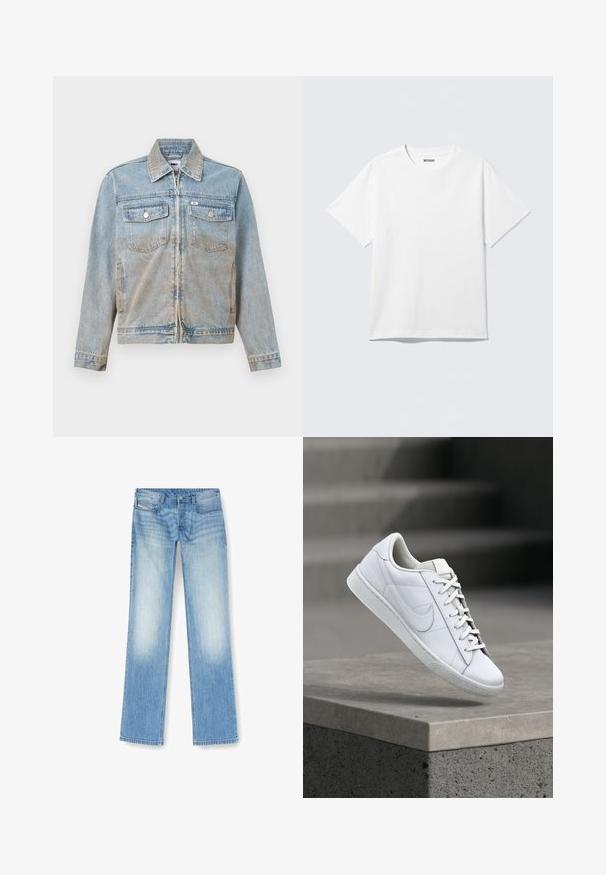 Lichtblauwe spijkerjas met ritssluiting, puntige kraag, twee borstzakken aan de voorkant en zilverkleurige knopen; licht vervaagde textuur.; Witte T-shirt met korte mouwen en ronde hals, plat gelegd, effen ontwerp, met een "WEEKDAY" label in de kraag op een lichte achtergrond.; Lichtblauwe rechte jeans gemaakt van denim, met een vervaagde afwerking, vijf-pocket ontwerp en zichtbare stiksels langs de naden.; Witte lederen sneaker met veters en Nike swoosh-logo die boven een betonnen richel zweeft in een buitenomgeving.