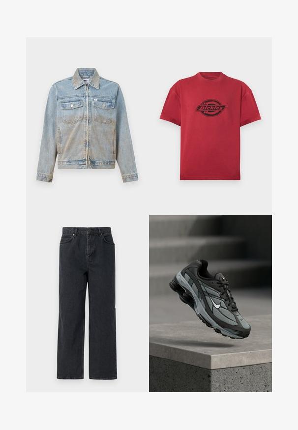 Lichtblauwe spijkerjas met ritssluiting, puntige kraag, twee borstzakken aan de voorkant en zilverkleurige knopen; licht vervaagde textuur.; Rood T-shirt met korte mouwen en ronde hals, met een zwarte "Dickies"-logo gedrukt middenvoor.; Donkerblauwe denimbroek met een wijde pijp, vijf zakken en een knoopsluiting. Inclusief hardware in koperkleur en een subtiele textuur.; Grijze en zwarte sportieve sneaker met meshpanelen en dikke zool, zwevend in de lucht boven een betonnen richel met trappen op de achtergrond.