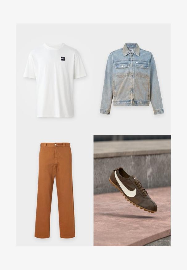 Lichtblauwe spijkerjas met ritssluiting, puntige kraag, twee borstzakken aan de voorkant en zilverkleurige knopen; licht vervaagde textuur.; Witte katoenen t-shirt met korte mouwen en een ronde hals; heeft een klein zwart rechthoekig Nike Air logo op de linkerkant van de borst.; Casual broek met rechte pijpen in bruin, met riemlussen en knoopsluiting, getoond op een eenvoudige lichte achtergrond.; Bruine Nike hardloopschoen met wit swoosh-logo en gumzool zwevend boven een roze stenen oppervlak met een grijze stenen achtergrond.