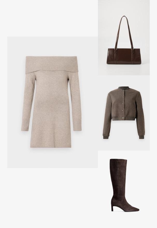 Braune kurze Bomberjacke mit Druckknopfleiste vorne, geripptem Kragen, Bündchen und Bund, dargestellt vor weißem Hintergrund.; Beige schulterfreier Pullover, gestrickte Textur, lange Ärmel, gerippter Kragen und Bündchen, mittellange Länge bis zur Oberschenkelmitte, glatter Stoffausbau.; Braune Wildlederkniehohe Stiefel mit spitzer Zehe und 7,5 cm hohem Absatz. Glatte Textur, elegante Silhouette und minimalistisches Design.; Braune Lackleder-Handtasche in rechteckiger Form, mit zwei langen Griffen und subtilen, geschwungenen Akzenten auf der Vorderseite.