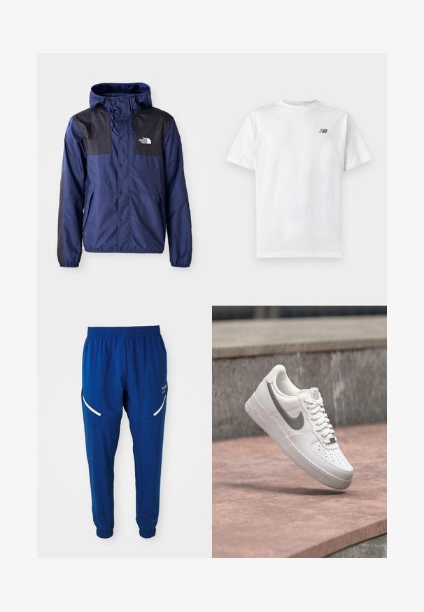 Chaqueta impermeable azul marino con hombros negros, bolsillos frontales, capucha y puños elásticos. Cuenta con botones a presión y un logo en el pecho.; Camiseta blanca de manga corta con cuello redondo y un pequeño logo negro de New Balance en la parte superior izquierda del pecho sobre un fondo liso y claro.; Pantalones deportivos de color azul royal con cintura y puños elásticos, tiras reflectantes blancas curvas en los muslos y pequeño logotipo blanco en el lado derecho.; Zapatilla blanca Nike Air Force 1 con logo swoosh gris flotando sobre una superficie de piedra y un fondo de pared de piedra gris.