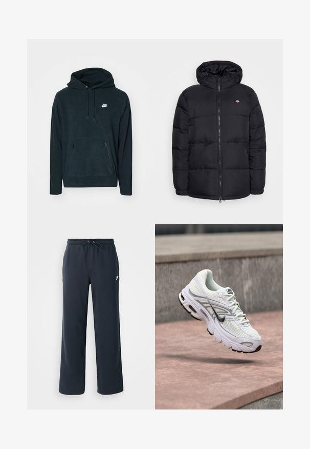 Mustat pehmeät takki hupulla, jossa on vetoketju, sivutaskut ja pieni logo rinnassa. Sileä kangas ja tikattu muotoilu.; Musta fleece huppari, jossa on etupuolella kengurupussitasku ja kaksi vetoketjullista sivutaskua. Mukana on naruolkapäällys ja valkoinen Nike-logo.; Tummansiniset hupparit, joissa on joustava vyötärö ja nauha. Valmistettu pehmeästä kankaasta, jossa on pieni valkoinen logo vasemmassa lantiossa.; Valkoiset ja harmaat Nike-juoksukengät riippuvat ilmassa punaruskean asfaltin ylle, taustalla on sumeat betoniaskelmat.