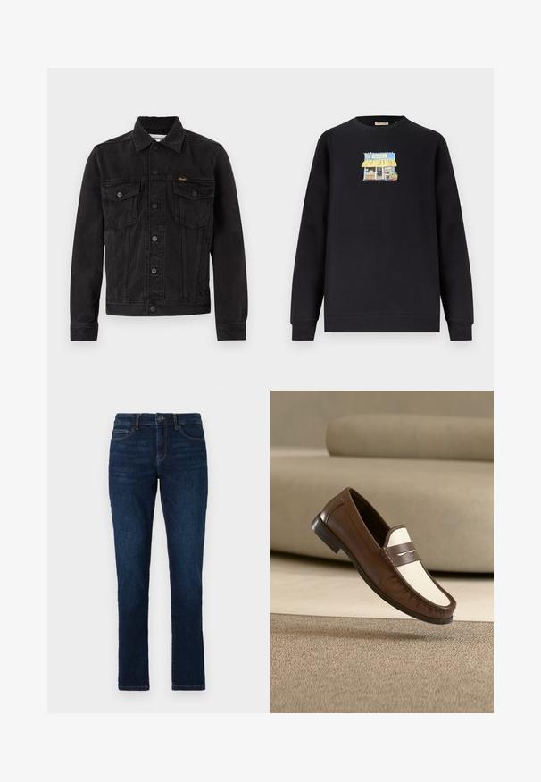 Sort denimjakke med knaplukning foran, to brystlommer med klap, krave og Wrangler-logo på venstre brystlomme.; Sort, langærmet sweatshirt med en farverig lille grafik af en butik med en gulstribet markise placeret midt på brystet.; Mørkeblå denimjeans med slim fit, standard fem lomme-design og lukning med knap og lynlås. Glat tekstur med minimal falming.; Brun og hvid læder loafer sko, der svæver over et beige tæppe med en sløret beige sofa i baggrunden.