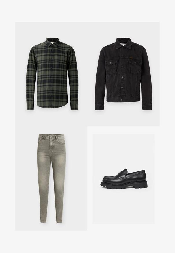 Zwarte spijkerjack met knoopsluiting aan de voorkant, twee borstzakken met klep, kraag en Wrangler-logo op de linkerborstzak.; Langoe mouw shirt in donker groen en zwart geruit patroon, gemaakt van flanel. Heeft een klassieke kraag en zwarte knopen.; Lichtgrijze denim skinny jeans met een hoge taille, ontwerp met vijf zakken, lichte slijtage en subtiele vervaging van de stof.; Zwarte leren loafer met dikke geribbelde zool en pennyriemdetail, getoond in rechter zijprofiel op witte achtergrond.