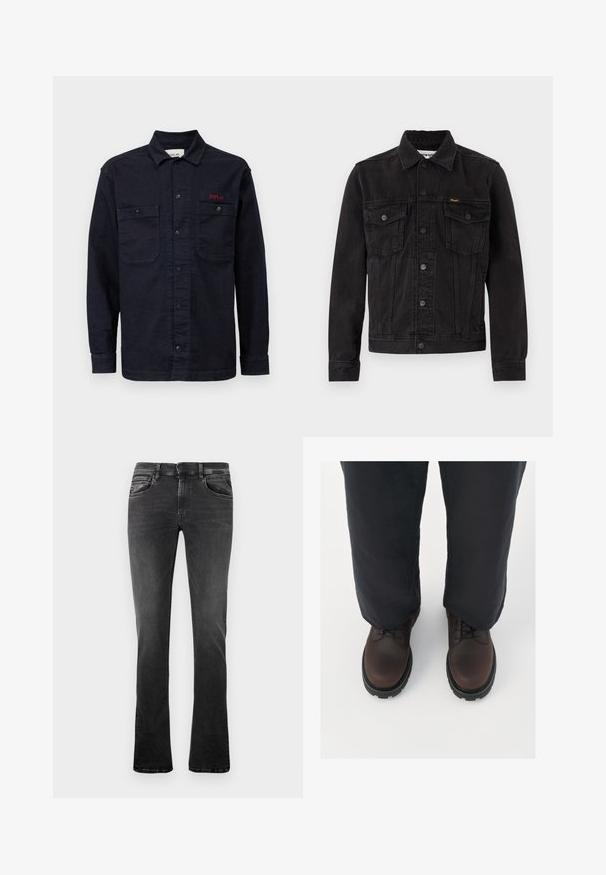 Sort denimjakke med knaplukning foran, to brystlommer med klap, krave og Wrangler-logo på venstre brystlomme.; Mørkeblå denimskjorte med lange ærmer, knaplukning foran, to brystlommer og et lille rødt "REPLAY" logo på den venstre lomme.; Sorte denimjeans med lige pasform, fem lommer, kontrasterende syninger og diskret slidmærker på forsiden. Har en knap- og lynlås lukning.; Brune læder snørebåndssko med rund tå, sort gummisål og tekstureret detaljer, parret med løstsiddende mørke bukser.