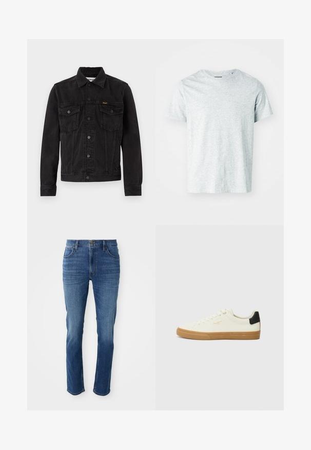 Veste en denim noire avec fermeture à boutons, deux poches poitrine à rabat, col et logo Wrangler sur la poche poitrine gauche.; T-shirt gris clair à manches courtes en tissu doux, avec un col rond et une coupe légèrement décontractée. Aucun motif ou graphique visible.; Jean en denim bleu avec une coupe droite, cinq poches et une fermeture éclair. Présente une décoloration subtile et des coutures contrastantes le long des coutures.; Sneaker en toile blanche avec une semelle en gomme, accent au talon noir, bout rond et design à lacets. Présente le logo de la marque en doré sur le côté.