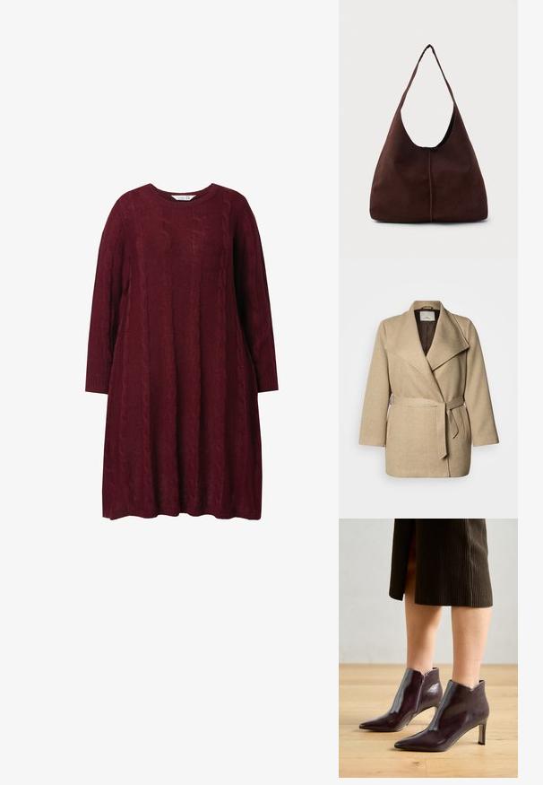 Beige wikkeljas gemaakt van gestructureerde stof, met een brede kraag, een taille met ceintuur en voorkanten met zakken. Binnenkant gevoerd met bruin.; Bordeaux gebreide jurk met een ronde hals, lange mouwen en kabelbrei patroon. Losse fit, met ribgebreide manchetten en zoom.; Bordeaux leren enkel laarzen met een spitse neus en slanke hak. Beschikt over een zijrits en een gladde, glanzende textuur.; Bruine suède hobo tas met een grote, gebogen opening en een brede schouderband. Heeft een centrale naad aan de voorkant. Glad van structuur.