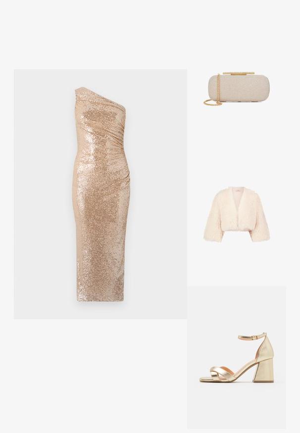 Veste courte en fausse fourrure couleur crème avec larges manches trois-quarts et devant ouvert.; Robe bodycon avec un design à une épaule, fabriquée en tissu pailleté doré. Présente une silhouette ajustée et une texture lisse.; Sandales avec talons en or métallisé, à talon block, à bout ouvert et design de lanières entrecroisées. La lanière de cheville dispose d'une fermeture à boucle.; Pochette rectangulaire beige texturée avec bandoulière chaîne dorée et fermoir doré orné de strass sur fond blanc.