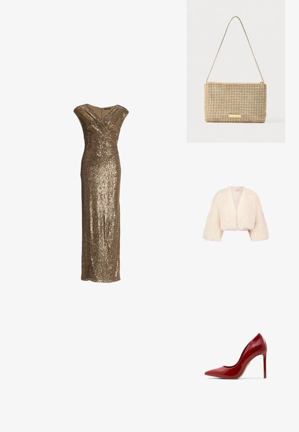 Veste courte en fausse fourrure couleur crème avec larges manches trois-quarts et devant ouvert.; Robe de soirée sans manches en sequins dorés avec un décolleté en V et un effet cache-cœur, silhouette longue ajustée.; Escarpin en cuir verni rouge à talon aiguille, avec un bout pointu, une surface lisse et un talon élancé, doté d'une semelle beige.; Pochette dorée de forme rectangulaire, recouverte de strass argentés brillants. Dotée d'une fine bandoulière métallique et d'une fermeture éclair.