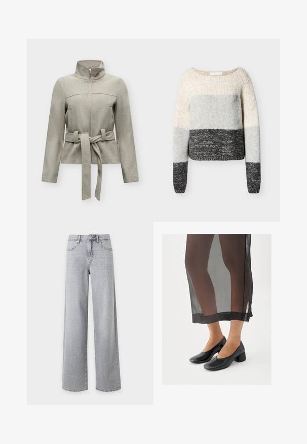 Veste zippée gris clair avec col montant et ceinture en tissu nouée à la taille, manches longues et texture lisse et douce.; Pull en tricot avec de larges blocs de couleur horizontaux en crème, gris clair et gris foncé, doté de manches longues et d'un col rond.; Jean denim gris clair à jambes larges avec bouton devant, fermeture éclair et poches devant sur fond blanc uni.; Chaussures noires à talons blocs avec une finition en cuir lisse, portées avec une jupe noire transparente à ourlet net et design minimaliste.