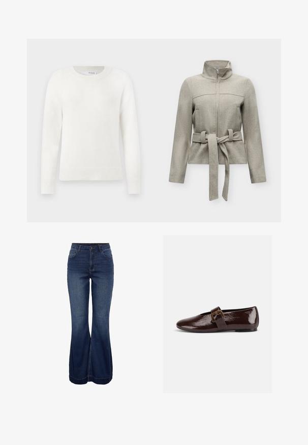Ανοιχτό γκρι ζακέτα με φερμουάρ, ψηλό γιακά και δεμένη υφασμάτινη ζώνη στη μέση, μακριά μανίκια και λείο, απαλό υλικό.; Λευκό πλεκτό πουλόβερ μακρύ μανίκι με ριγωτές μανσέτες, στρίφωμα και στρογγυλή λαιμόκοψη σε απλό λευκό φόντο.; Σκούρα μπλε τζιν καμπάνα από τζιν ύφασμα, με ψηλή μέση, μπροστινές τσέπες και καθαρό τελείωμα, με διακριτικές ραφές.; Σκούρο καφέ παπούτσι από λουστρίνι με μεγάλο χρυσό πόρπη και στρογγυλεμένη μύτη, σε προφίλ, σε λευκό φόντο.