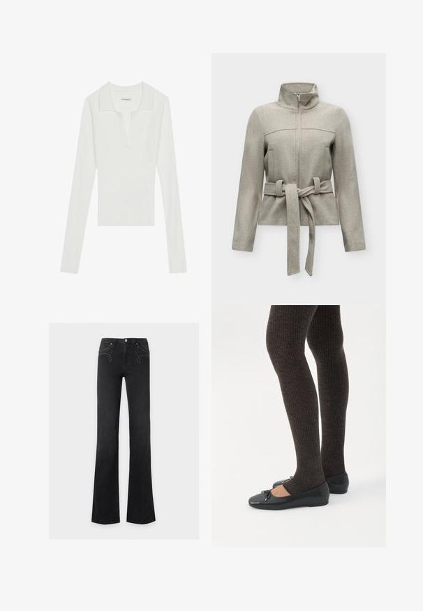 Chaqueta gris claro con cremallera, cuello alto y cinturón de tela atado en la cintura, mangas largas y una textura suave y lisa.; Camisa polo de manga larga blanca con cuello en V y cuello en contraste, que presenta un diseño ajustado y una textura suave.; Jeans negros de cintura alta con leve campana, cierre frontal con botón y cremallera, bolsillos delanteros con sutil detalle de costura blanca.; Piernas con leggings oscuros acanalados combinados con bailarinas negras que presentan pequeños detalles de lazo sobre un fondo blanco.