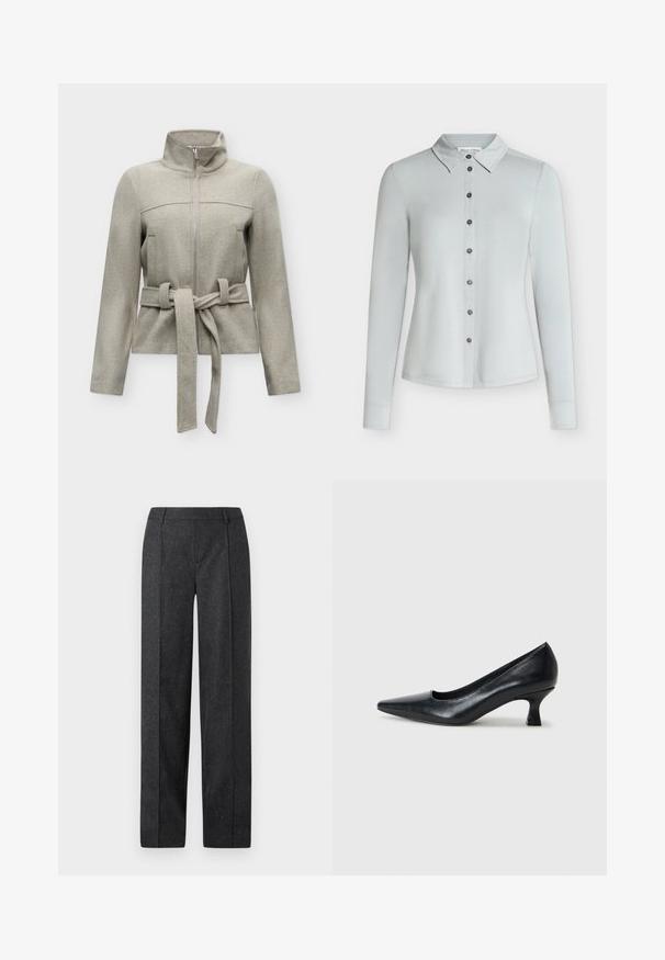 Veste zippée gris clair avec col montant et ceinture en tissu nouée à la taille, manches longues et texture lisse et douce.; Chemise gris clair à manches longues, boutonnée, avec col, sept boutons foncés sur le devant et ourlet droit.; Pantalons ajustés gris foncé avec un design à jambes droites, en tissu texturé avec de subtiles speckles. Présente un devant plat et des passants de ceinture.; Pompe en cuir noir avec un bout pointu et un petit talon carré. Texture lisse, lignes épurées, design simple sans motifs ni ornements visibles.