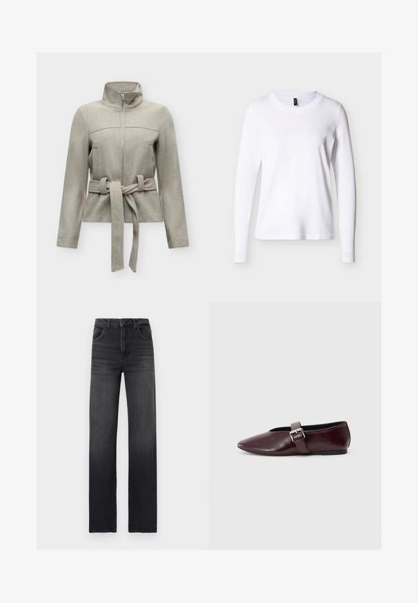 Veste zippée gris clair avec col montant et ceinture en tissu nouée à la taille, manches longues et texture lisse et douce.; T-shirt blanc à manches longues avec col rond, présenté sur un fond neutre, vue de face avec une étiquette noire au niveau du col.; Jean noir taille haute à jambes droites avec poches avant, passants pour ceinture et détails subtils délavés sur les cuisses.; Ballerines en cuir bordeaux avec un bout pointu, une semelle plate et une sangle décorative avec boucle sur le cou-de-pied. Texture lisse et brillante.