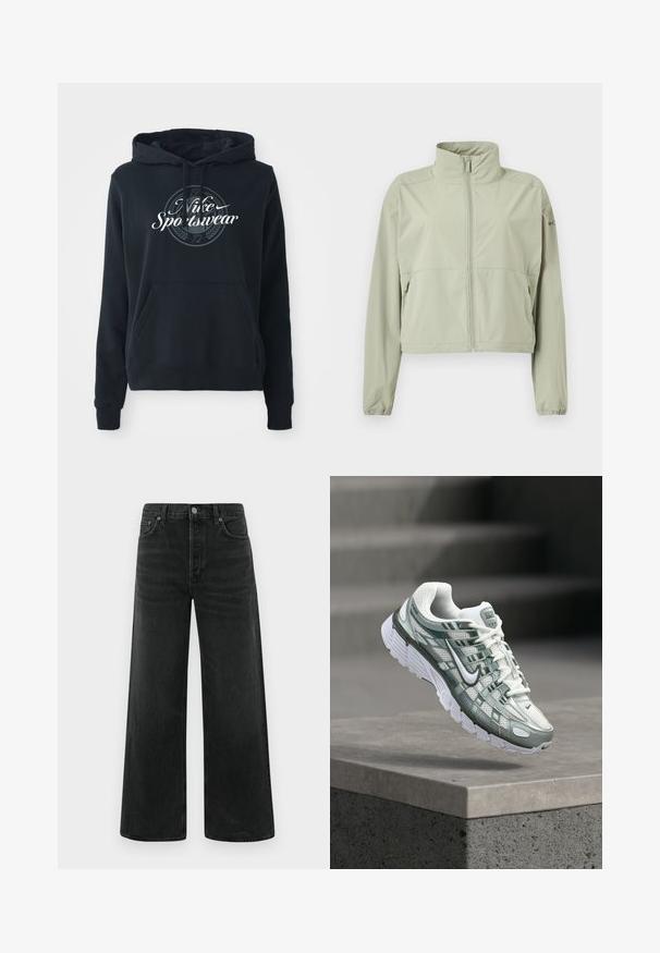 Hellgrüne leichte Jacke mit hohem Kragen, Frontreißverschluss, langen Ärmeln mit elastischen Bündchen und Reißverschlusstaschen an den Seiten.; Schwarzer Hoodie aus einem Baumwoll-Blend-Gewebe mit einer vorderen Kängurutasche, Kapuze mit Kordelzug und einem kreisförmigen Grafik mit dem Text "Nike Sportswear".; Schwarze Jeans mit weitem Bein, hoher Taille, vorderen Taschen und klassischem Knopfverschluss. Das Material hat eine glatte, leicht strukturierte Oberfläche.; Weißer und grauer Nike Laufschuh mit gedämpfter Sohle, schwebend über einer Betonkante vor unscharfem grauen Hintergrund.