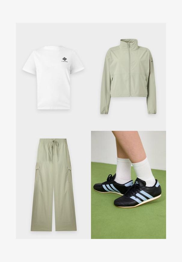 Veste légère vert clair avec col montant, fermeture éclair frontale, manches longues avec poignets élastiques et poches latérales zippées.; T-shirt blanc à manches courtes avec un petit logo Columbia noir sur le côté gauche de la poitrine, présenté sur un fond gris clair uni.; Pantalon cargo vert clair à jambes larges avec taille élastique et cordon de serrage, doté de poches latérales à rabat et d'une coupe décontractée.; Chaussures de sport en cuir noir avec des rayures bleu clair, tiges texturées et semelles en caoutchouc, accompagnées de chaussettes blanches à côtes sur un sol vert.
