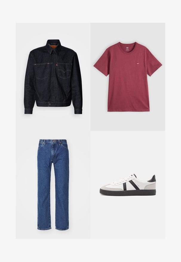 Mørk denimjakke med frontlynlås, to brystlommer og krave. Har kontrasterende syninger og et mærkeskilt på venstre lomme.; Ensfarvet bordeaux kortærmet t-shirt med rund hals og et lille rødt Levi's-logo på venstre bryst.; Straight-leg blå denim jeans med frontknap, lynlås, bæltestropper og fem-lomme design på en ensfarvet hvid baggrund.; Hvide sneakers med sorte og grå detaljer, med en tekstureret grå tåhætte, sort gummisål og flade hvide snørebånd. Rent design, minimalistisk stil.