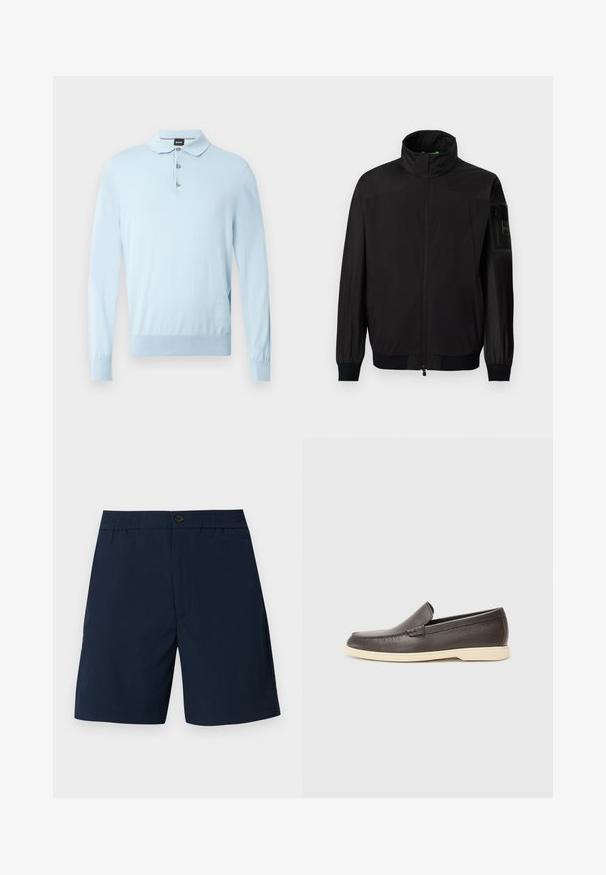 Veste noire légère avec col montant, fermeture éclair pleine longueur à l'avant, poignets élastiques et poche zippée sur la manche gauche supérieure.; Pull-over bleu clair à manches longues, col plat et patte de boutonnage à trois boutons. Fabriqué en matière douce avec une coupe ajustée et un ourlet côtelé.; Shorts pour hommes bleu marine avec taille élastique, bouton à l'avant et fermeture éclair, fabriqués en tissu texturé léger.; Chaussures à enfiler en cuir marron avec une surface texturée et une semelle beige clair contrastante, présentant un bout arrondi et de minimalistes détails de couture.