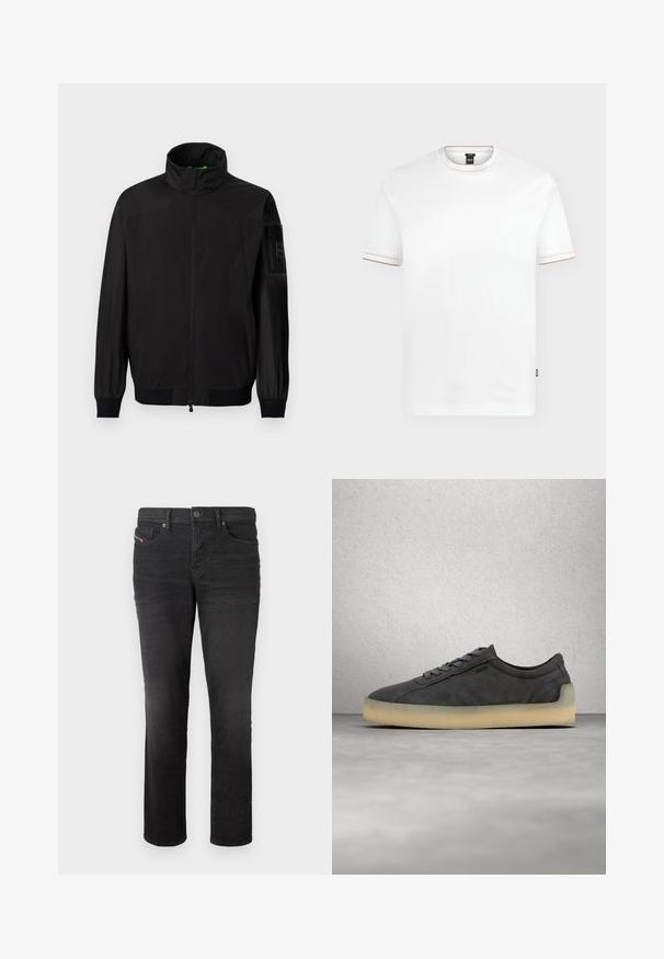 Schwarze, leichte Jacke mit hohem Kragen, durchgehendem Vorderreißverschluss, elastischen Bündchen und Reißverschlusstasche am oberen linken Ärmel.; Weißes T-Shirt mit kurzen Ärmeln und Rundhalsausschnitt mit dezentem beigefarbenem Besatz an Kragen und Ärmeln sowie kleinem schwarzem Markenetikett an der unteren Seite.; Schwarze Denim-Jeans mit geradem Bein, ausgestattet mit fünf Taschen, einem Knopfverschluss und subtilen Nähdetails auf der Vorderseite.; Dunkelgrauer Wildleder-Sneaker mit hellbeiger Sohle und grauen Schnürsenkeln, schwebend über einem polierten Betonboden vor einer Glasfliesenwand.