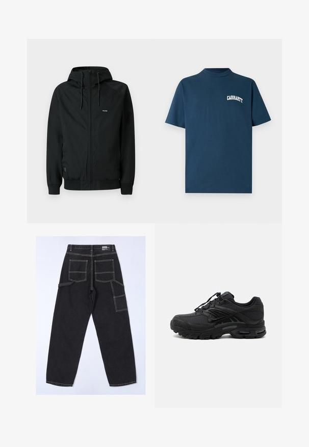 Sort jakke med lynlås og hætte, lavet af blødt, glat stof. Har elastiske manchetter og en lille logo på venstre bryst.; Marineblå bomulds t-shirt med korte ærmer og rund hals. Har et hvidt "Carhartt"-logo trykt på venstre bryst.; Sorte denimbukser med løs pasform, der har flere lommer, synlige syninger og et lige ben-design.; Sort atletisk sneaker med tekstureret stof, tyk polstret sål, luftventiler og snørelukning, vist fra siden på en lys baggrund.