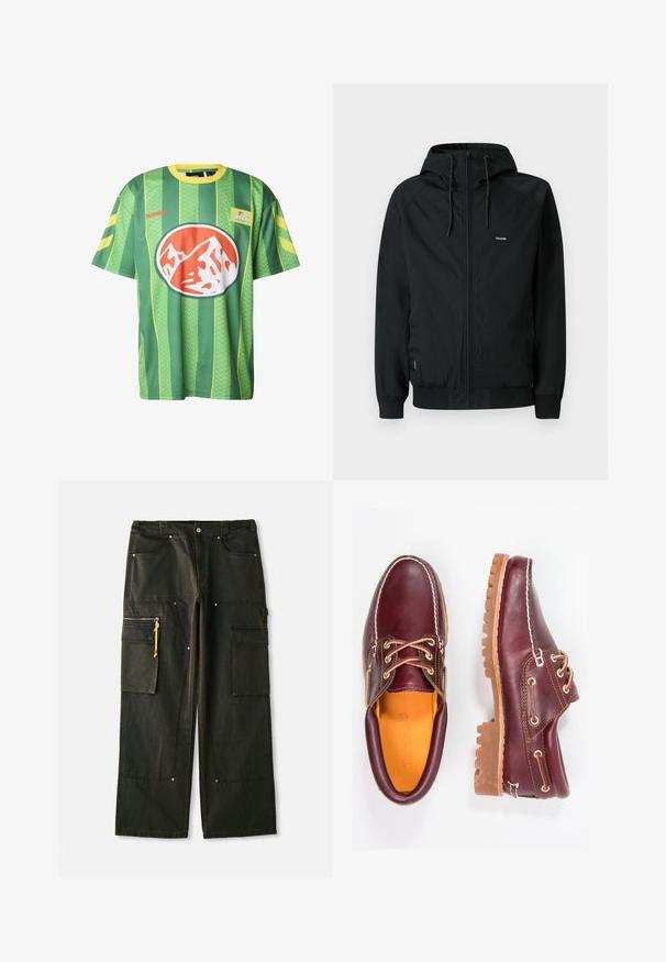 Veste noire à fermeture éclair avec capuche, fabriquée en tissu doux et lisse. Comprend des poignets élastiques et un petit logo sur le côté gauche de la poitrine.; Maillot à manches courtes rayé vert et jaune en tissu léger, arborant un logo rond proéminent avec un design de montagne orange et blanc.; Pantalons cargo noirs avec une coupe décontractée, comportant plusieurs poches, des tirettes de fermeture éclair jaunes et un tissu texturé avec une finition délavée.; Chaussures en cuir bourgogne avec semelles en caoutchouc marron, bout rond, couture blanche et œillets dorés. L'intérieur présente une doublure jaune.