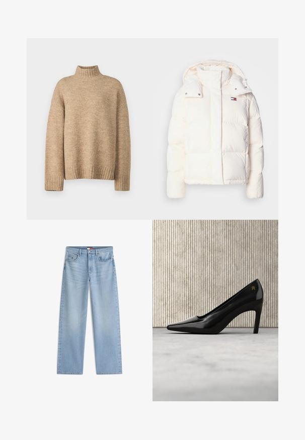 Hvid dunjakke med hætte, med quiltet design, trykknapper og et lille logo på brystet. Blød, glansfuld tekstur.; Beige rullekravetrøje lavet af blødt, struktureret strikmateriale. Har ribbede manchetter og kant, samt en afslappet pasform. Klassisk og hyggeligt design.; Lyseblå jeans med lige ben, forlommer, bæltestropper og lukning med knap og lynlås.; Sort højhælet sko med spids snude og gulddetalje med logo, placeret opret på en reflekterende overflade ved siden af en metal arkivorganisator.