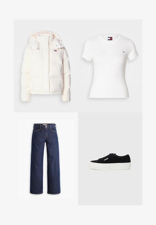 Veste matelassée blanche avec capuche, présentant un design matelassé, des boutons-pression et un petit logo sur la poitrine. Texture douce et brillante.; T-shirt en coton blanc à manches courtes, décolleté rond, avec un petit logo sur la poitrine. Texture lisse, silhouette ajustée.; Jeans en denim bleu marine avec taille haute, coupe large et broderies orange discrètes. Comprend une fermeture par bouton et zip à l'avant.; Baskets en velours côtelé noir avec une semelle en caoutchouc blanc. Présente un bout rond, un laçage sur le devant et un accent de logo minimaliste sur le côté.