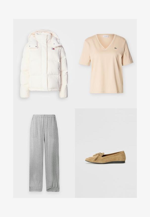 Hvid dunjakke med hætte, med quiltet design, trykknapper og et lille logo på brystet. Blød, glansfuld tekstur.; Beige V-hals T-shirt med korte ærmer og lille grønt krokodillelogo på venstre bryst, vist mod en ensfarvet baggrund.; Lysegrå bukser med elastik i taljen og et subtilt hvidt blomsterprint over det hele, lige og løs pasform med opbukket kant.; Læderflade sko i lys brun med rund tå og dekorative kvastdetaljer. Sålen er i struktureret sort gummi for godt greb.