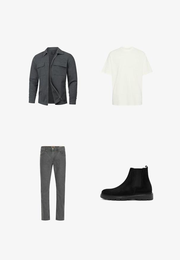 Grijze zip-up jas van zacht materiaal, met twee borstzakken, een kraag en lange mouwen. Glad textuur en casual ontwerp.; Witte katoenen t-shirt met een losse pasvorm, ronde hals, korte mouwen en een vlakke zoom, met een gladde textuur en geen zichtbare patronen.; Grijze denim jeans met een rechte pasvorm, vijf pocket ontwerp en een kleine metalen knoopsluiting. De stof heeft een gladde textuur en een lichte stretch.; Zwarte suède enkellaarsjes met elastische zijpanelen en een trekhaak, met een gestructureerde rubberen zool en een ronde neus.