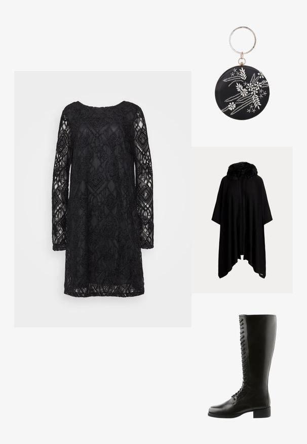 Schwarzer Poncho mit einem mit Pelz besetzten Kragen, der ein lockeres, fließendes Design und eine offene Front hat. Weicher Stoff und Ärmel in mittlerer Länge.; Schwarzes Spitzenkleid mit geometrischem Muster, langen Ärmeln und Rundhalsausschnitt, mit transparenter Textur und fester Unterlage.; Schwarze Lederstiefel bis zum Knie mit Schnürung, runder Spitze und Blockabsatz, in glatter Textur und ohne sichtbare Muster.; Schwarze, runde Clutch mit silbernen floralen und blattförmigen Strassverzierungen und einem goldenen Ringgriff, besetzt mit kleinen klaren Steinen.